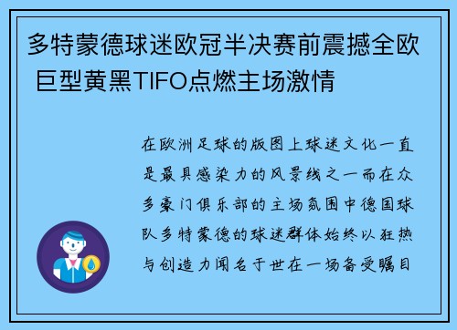 多特蒙德球迷欧冠半决赛前震撼全欧 巨型黄黑TIFO点燃主场激情