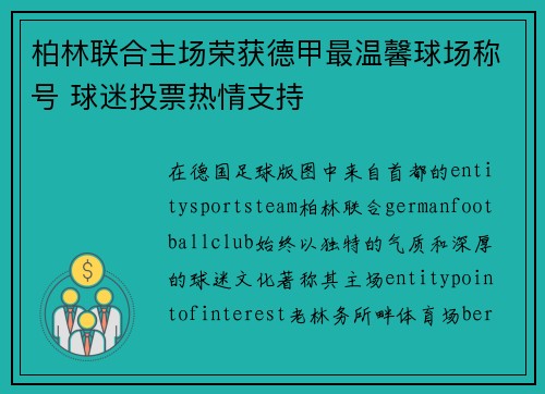 柏林联合主场荣获德甲最温馨球场称号 球迷投票热情支持
